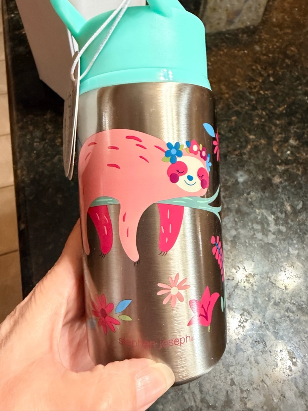 Stephen Joseph Stainless Steel Kids Water Bottle with Pink Sloth and Mint Lid